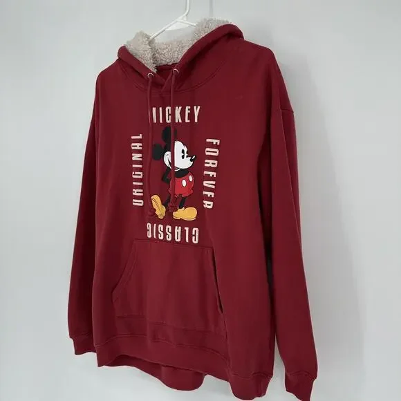 Disney Mickey Mouse Hoodie Mens XL Red Sherpa Lined Classic Pullover Sweatshirt - Picture 4 of 9